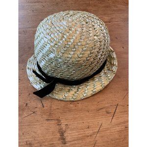 Vintage M. Berne Green Straw Hat with Black Velvet Bow 1950s OSFA